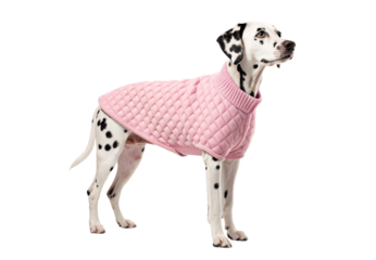 Dalmatian dog wearing pink quilted jacket standing profile view, isolated on a transparent background