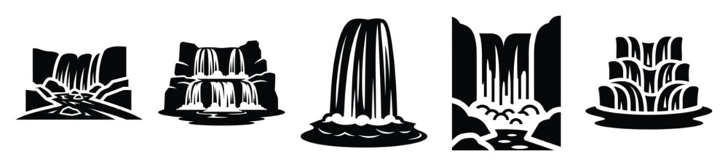 waterfall cascade silhouette vector icon set, black color and white background © Pallobroy