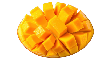 Bright yellow, ripe fruit cut into neat cubes, sitting on a black background