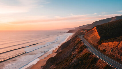 Coastal road winding along the cliff edge at sunset.