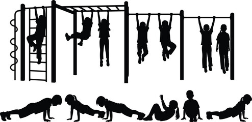 Collection of black silhouettes of active children playing on monkey bars and doing pushups in a playground isolated on white background for health and fitness © Horgobinda