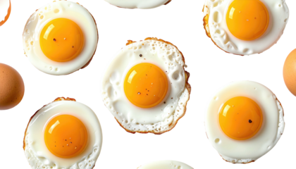 Close-up view of fried eggs with bright orange yolks and speckled with black pepper against a dark background, plus whole eggs