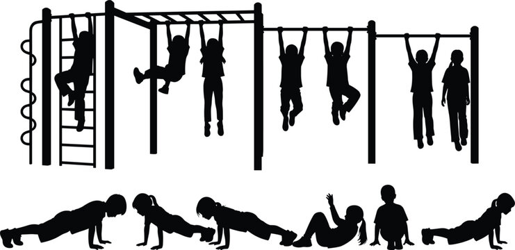 Collection of black silhouettes of active children playing on monkey bars and doing pushups in a playground isolated on white background for health and fitness
