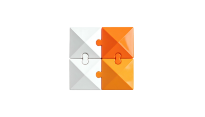 Four connected geometrical shapes in a puzzle formation, two white, two orange. The image is on a black background