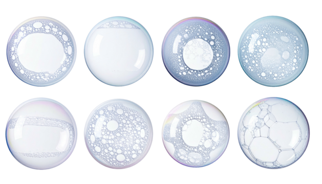 Eight circular soap bubbles, each showing unique surface tension patterns with internal circular and bubble details, set against a stark black background - Powered by Adobe