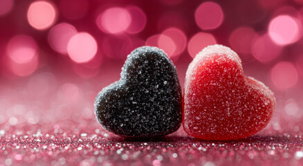 Obraz premium Valentine s Day Candy Hearts Black and Red on Glittery Surface with Bokeh Background