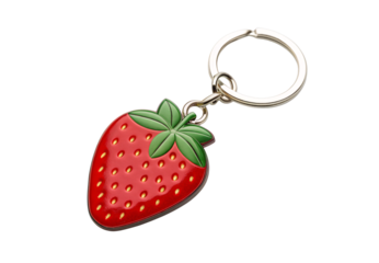 Strawberry shaped keychain with green leaves on silver key ring, isolated on a transparent background
