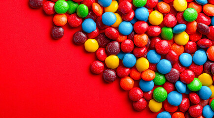 Obraz premium Colorful Candies on Red Background A Sweet Treat for Celebrations and Creative Projects. Isolated.