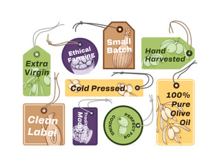 Olive oil tags showing various qualities and attributes for marketing and product presentation