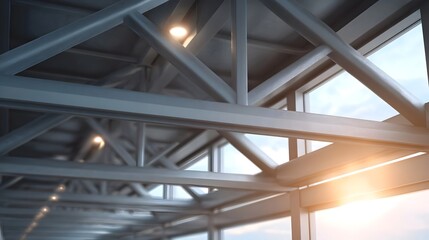 Modern steel framework structure with interior lights and sunlight streaming through