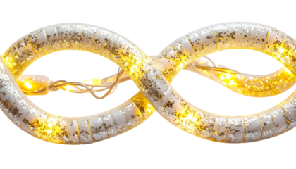 Illuminated, intertwined, tubular structure, shaped like an infinity symbol, glows with embedded lights, set against black