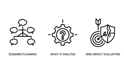 Strategic Risk Management Icons for Scenario Planning, What-if Analysis, and Risk Impact Evaluation Concepts