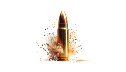Golden bullet breaks through with a bursting effect, against a plain black background