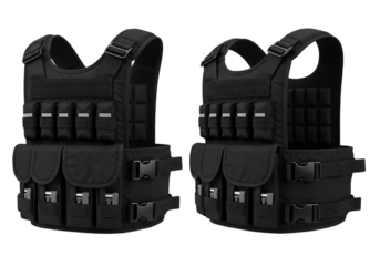 Black tactical vest with multiple pouches isolated on transparent background