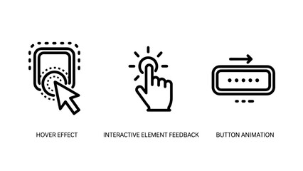 Interactive UX feedback icons showing button hover effect, finger tap touch interaction, and animated slider navigation components