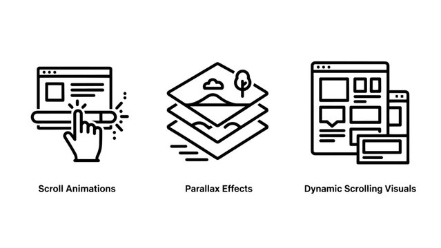 Advanced web design icons illustrating scroll animations, parallax effects, and dynamic scrolling visuals for interactive website user experience.