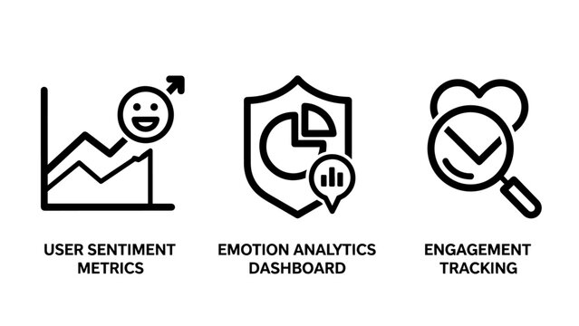 User experience analytics icons for sentiment metrics, emotion dashboard, and customer engagement tracking for marketing data analysis.