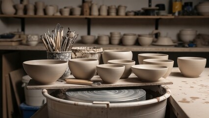 Pottery studio with bowls on a wheel and tools