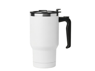 White insulated travel mug with handle isolated on transparent background