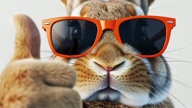 A cute cartoon rabbit in sunglasses and a hat shows a like