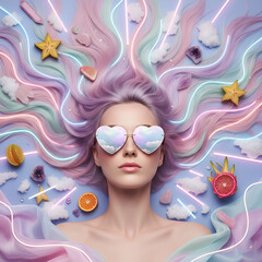 On a calm blue background, an ethereal woman wears heart-shaped sunglasses, dazzling neon lines, mystical crystals, pastel iridescent hair, and vivid tropical fruits.