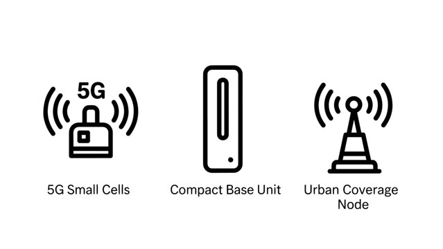 Modern Telecommunication Infrastructure Icons for 5G Small Cells Compact Base Unit and Urban Coverage Node Connectivity