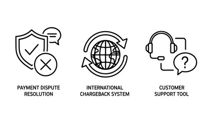 Fintech and customer service icons for payment dispute resolution international chargeback system and global support