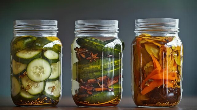 Assorted pickled cucumbers and other veggies in jars for sale or display.