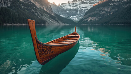 Wooden canoe with carved prow floating on turquoise alpine lake at sunrise, serene mountain scene