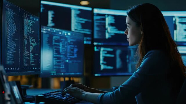 A woman is focused on her work at a computer station with multiple screens. She's wearing casual attire and seems deeply engrossed in her tasks.
