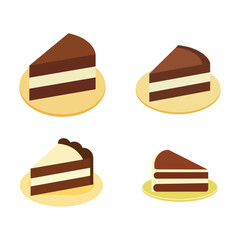 Chocolate Cake Slice Vector Illustration with Cream Layers on Plate Flat Design