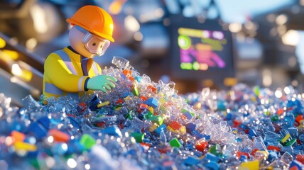 A technician in safety gear monitors clear plastic waste sorting on a conveyor belt at an urban recycling center with data screens in view