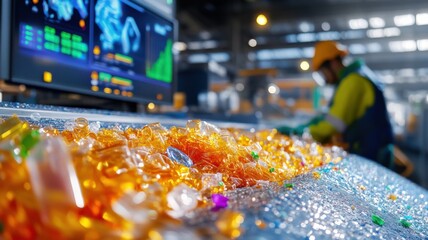 Clear plastic waste sorted on a conveyor belt at urban recycling center with technician monitoring
