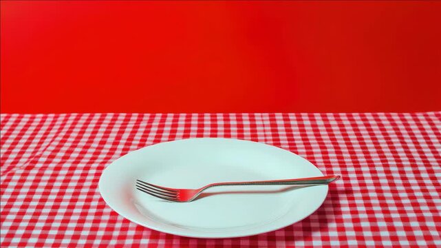 A clean empty round white plate has a fork, knife, and spoon neatly arranged in the middle. The plate sits atop a vibrant red and white striped dining tablecloth.