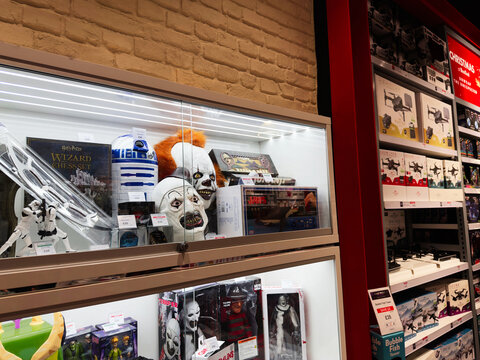 Store display in Manchester UK with Star Wars figures and Christmas toys on shelves