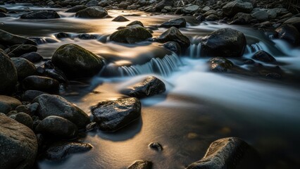Fototapeta premium Long exposure captures the smooth, silky flow of water cascading over dark, moss-covered river rocks with golden reflections.