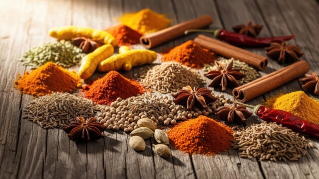 Assortment of vibrant Indian and Asian spices and herbs arranged on a rustic wooden background, featuring turmeric, cinnamon, star anise, chili, and cumin for culinary use.