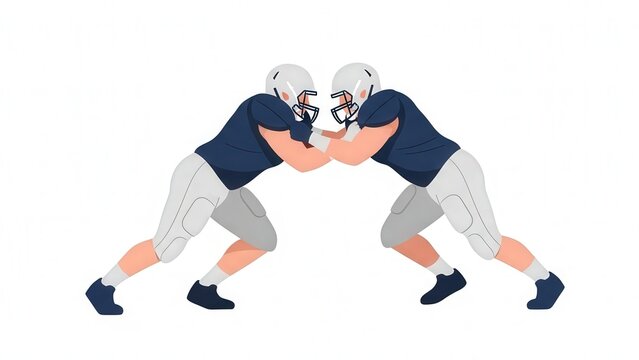 Two American football players engaging in a head-to-head blocking drill during practice or game