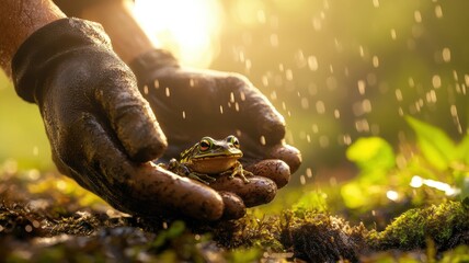 Close-up of a ranger holding a small endangered amphibian in gloved hands in a moss-filled, misty forest