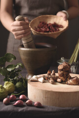 Authentic Thai curry paste ingredients set with fresh herbs and spices