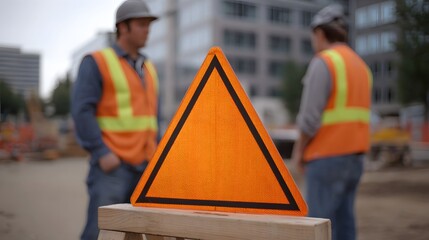 An orange triangular warning sign is placed in the foreground of a construction site with two workers in reflective vests blurred in the background