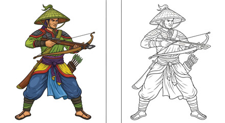Traditional Samurai Archer Illustration with Full Color and Precise Line Art Versions