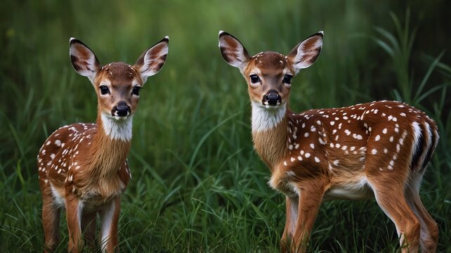 Two adorable fawn siblings standing together in a lush green field, showcasing their spotted coats and curious expressions.