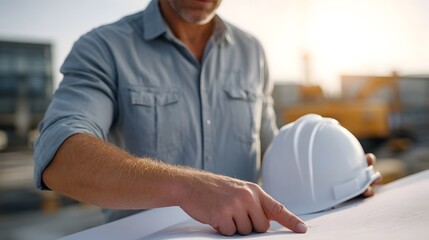 Construction engineer meticulously examines detailed project blueprints on a busy outdoor development site holding a white safety hard hat pointing