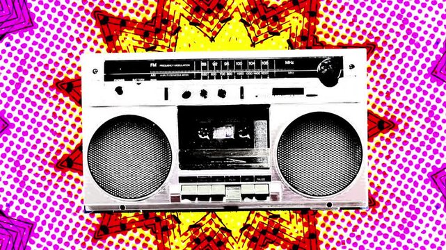 Abstract boombox ghetto blaster cassette tape player, animated and bouncing against a colorful kaleidoscope with music notes.