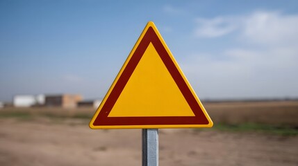 A yellow triangular warning sign with a red border stands on a metal post against a clear blue sky and a blurred rural landscape