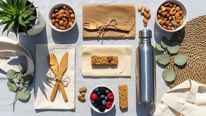 Ecofriendly picnic essentials with reusable items and healthy snacks.