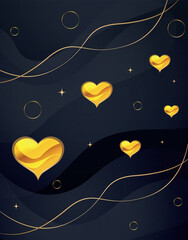 Luxury valentines background with golden hearts on dark abstract waves