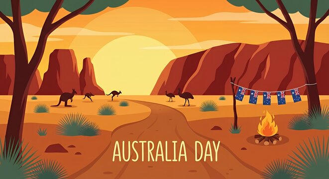 Australia Day vector illustration Australian outback landscape with kangaroos emus campfire national flags and beautiful sunset background Perfect Any Project.