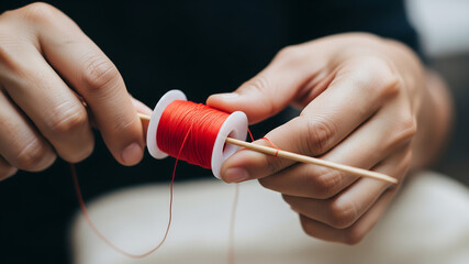 Hands threading a needle with red thread carefully
